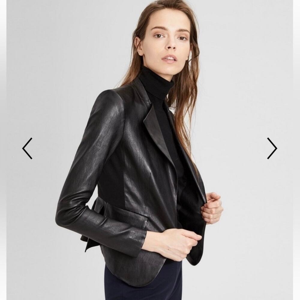 Theory Bristol Black Lamb Leather Cutaway Profesional Peplum Blazer Jacket S